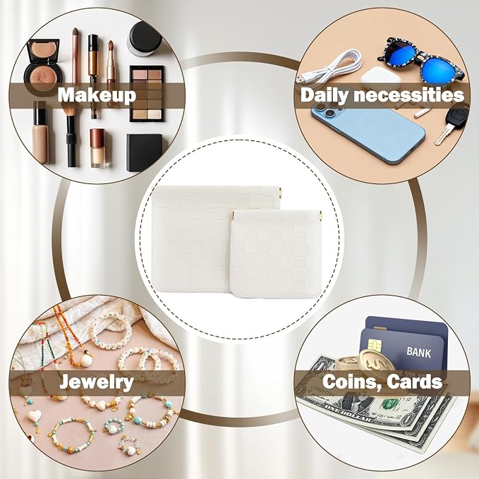 2 PCS Ladies Small Makeup Bag for Purse,Coin Purse Lipstick Cosmetic Accessories Organizer,Travel Pouch,Waterproof No Zipper Self-closing Small Makeup Pouch(White checkerboard)