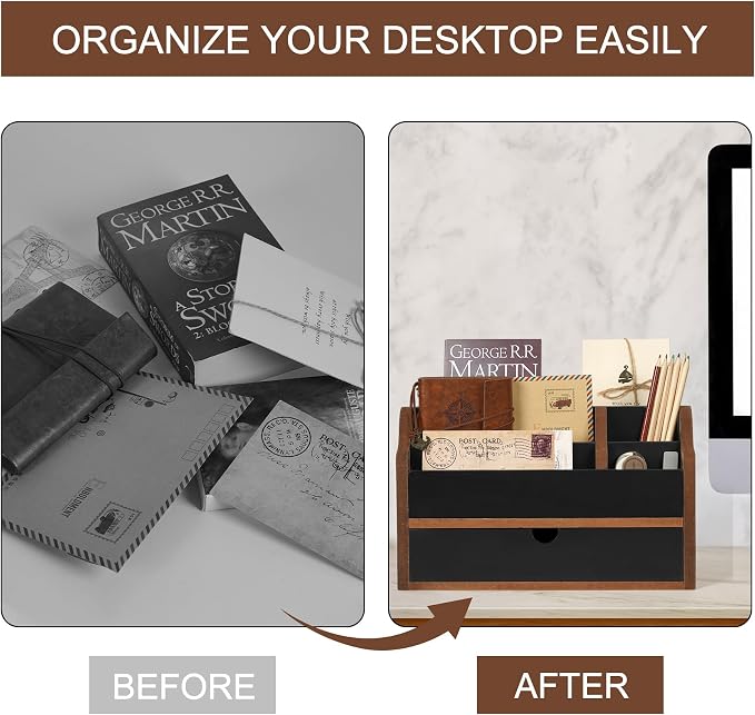 Desk Organizer with Drawer Wood File Office Mail Organizer Countertop-5 Slot Tabletop Storage Pen Organizer Letter Holder for School Home Office Supplies