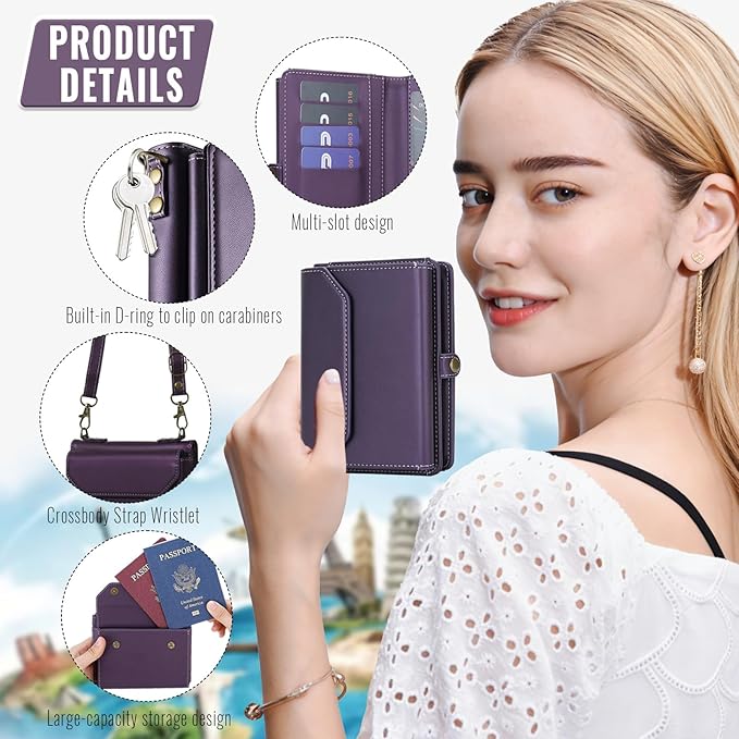ASAPDOS RFID Blocking Family Passport Holder Wallet,Hold 3-4 Passports for Travel with Credit Card Slots & Wrist Crossbody Strap Purple