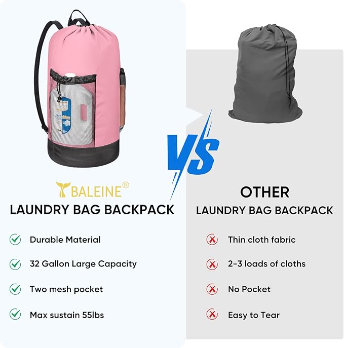 BALEINE 2PK 120L Laundry Bag Backpack, 900D Oxford Fabric Large Travel Laundry Bags with Shoulder Straps and 2 Mesh Pockets for College Dorm, Apartment, Laundromat (Pink, 120L)