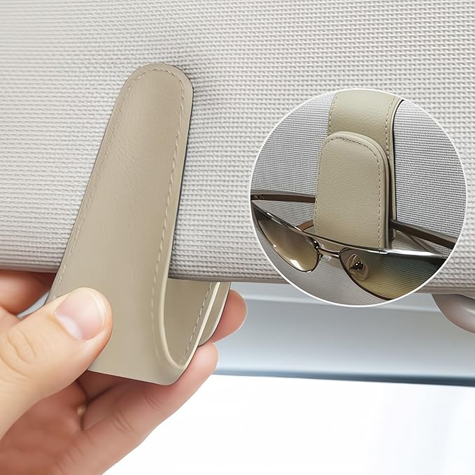 EldHus Sunglass Holder for Car Visor - 2 Pack Magnetic Car Glasses Holder Clip, Leather Eyeglass Holder for Car, Universal Vehicle Sunglasses Hanger Eyeglasses Mount, Beige