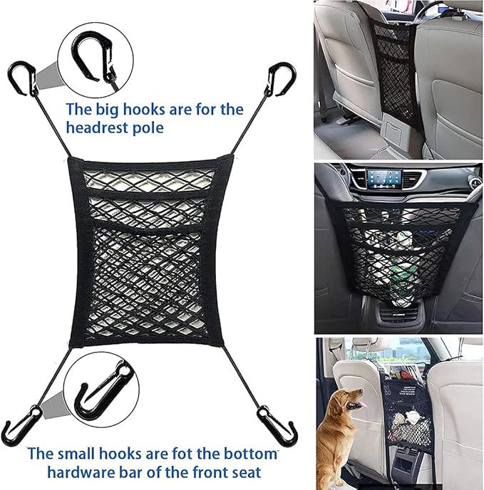3-Layer Car Mesh Organizer, Seat Back Net Bag, Barrier of Backseat Pet Kids, Cargo Tissue Purse Holder, Driver Storage Netting Pouch（Upgrade Stretch Length）