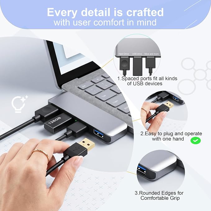 Portable 4-Port USB 3.0 Hub with Direct Plug-in USB Male Connector Design | Space-Saving USB Hub Compatible with Laptops and Desktops, Works with Windows, macOS, Linux and Chrome OS