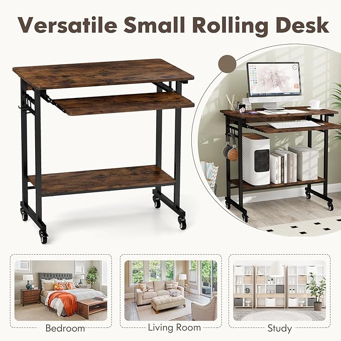 Tangkula Rolling Computer Desk Cart with Keyboard Tray, Mobile Portable Laptop PC Desk with CPU Stand & 3 Hooks for Sofa & Bed, Industrial Small Desk on Wheels for Small Spaces, Home Office Desk