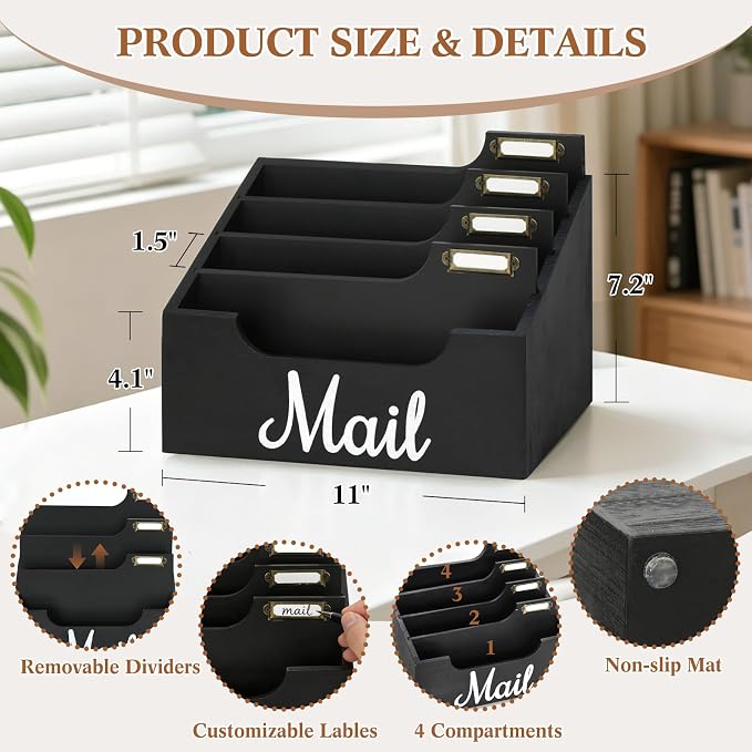 Rustic Wood Mail Organizer Countertop with 4 Slots, Black Mail Holder for Desk, Removable Dividers Mail Sorter, Letter Bill File Organizer for Home Office Classroom, Desktop Organizer with Free Labels