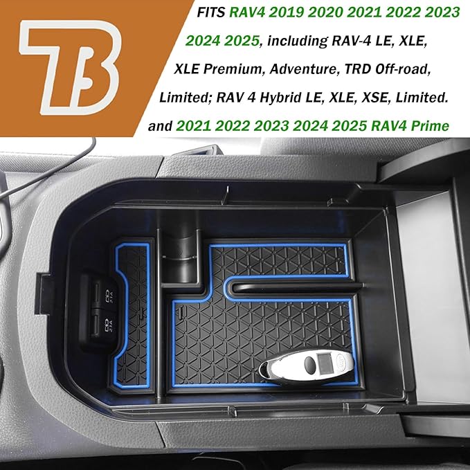 TACORBO Center Console Organizer Compatible with Toyota RAV4 2019 2021 2020 2022 2023 2024 2025 and 2021-2024 2025 RAV4 Prime Accessories, Armrest Secondary Storage Box Insert Tray, Blue Trim