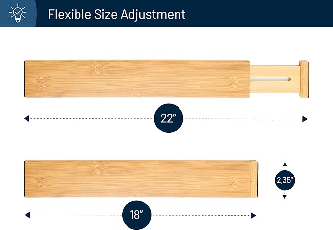 RoyalHouse Large Drawer Organizer (18" - 22") Adjustable Bamboo Drawer Dividers Organizers, Expandable Drawer Separators for your Kitchen, Bedroom, Bathroom, Dresser, Office, and More (4 pieces)