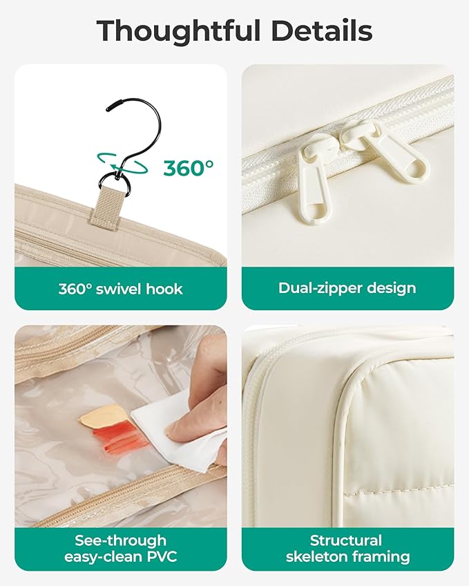 BAGSMART Travel Toiletry Bag for Womne, Hanging Travel Bag for Toiletries, Puffy Makeup Cosmetic Bag Organizer, Carry-on Travel Accessories Essentials, Camel