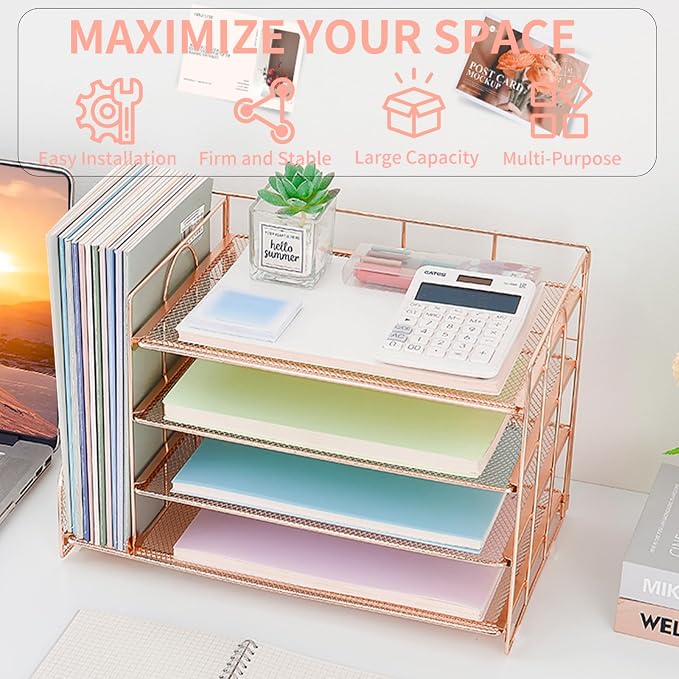 OPNICE Desk Organizer, 5-Tier Paper Organizer Letter Tray with Magazine Holder, Office Desk Accessories & Workspace Organizers, Desktop File Organizer for Office Supplies Storage, Rose Gold