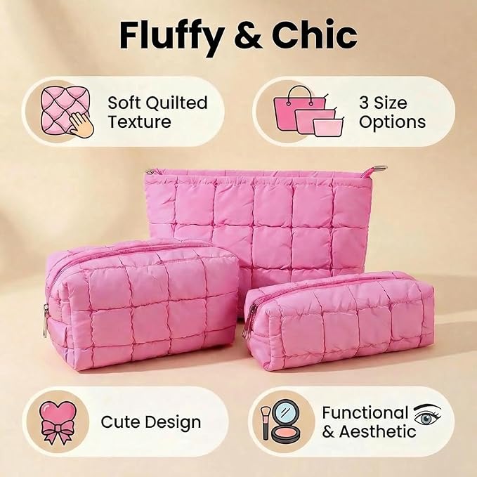 3Pcs Puffer Quilted Makeup Bag Travel Cosmetic Bag Set Portable Puffy Checkered Toiletry Pouch Skincare Organizer Purse Pencil Case (Rose Red)