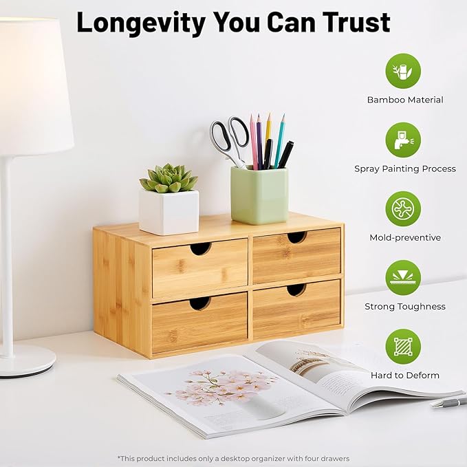 Desk Organizer 4 Drawers Tabletop Storage Organization Box, No Assembly Needed for Home Office Storage, 12.99 * 7.48 * 6.3in (2 above & 2 below)
