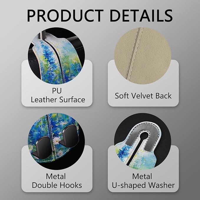 Blusabaca 2PCS Car Seat Back Storage Headrest Hooks, Floral Blue Purse Holder Bags Hanger, PU Leather Double Metal Hook for Backseat Organizer, Women Car Accessories Organization
