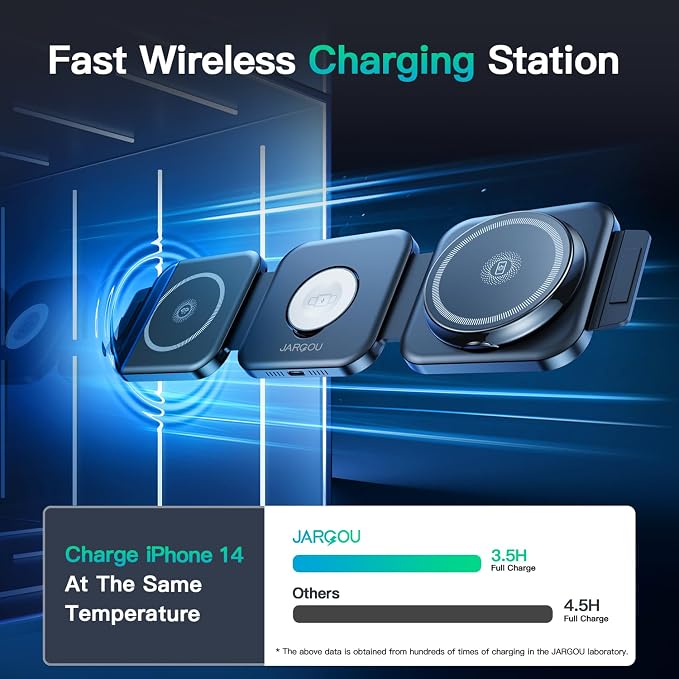 JARGO 3 in 1 Wireless Charging Station for Apple Devices, Foldable iPhone Charging Station for iPhone 17/16/15/14/13/12, Apple Watch & AirPods with Magsafe (Magnetic Black)