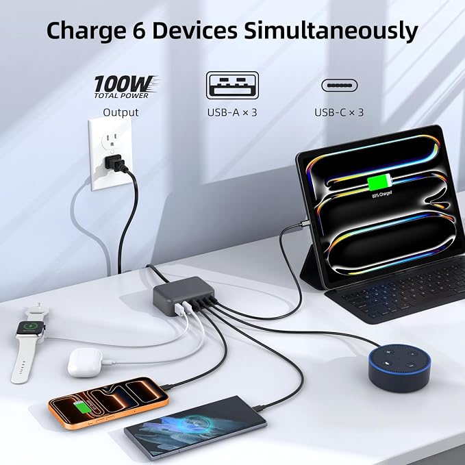 6 in 1 USB Charger, 50% Smaller Charging Station for Multiple Devices, 100W Fast Charging Blocks with Type C Ports, USB Charging Hub Organizer Multiport Power Strip for iPhone, Ipad, Kindle, Travel