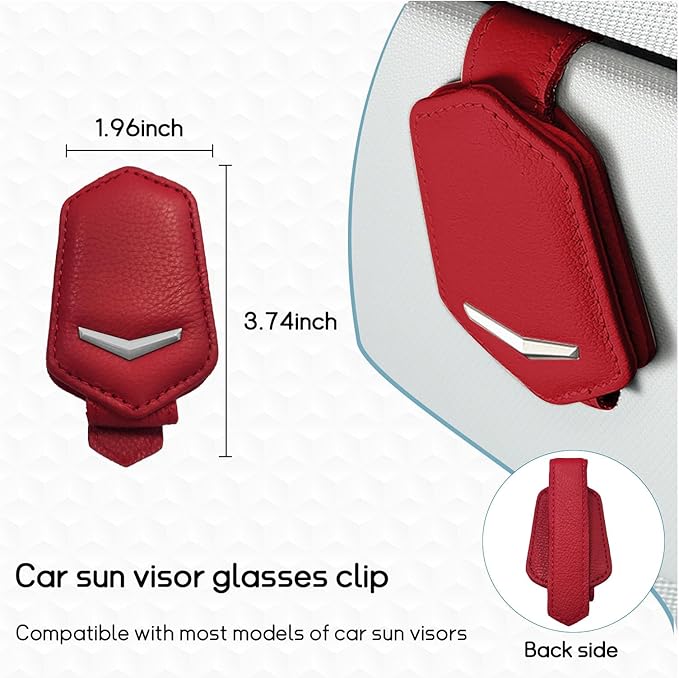 Dickno Sunglasses Holder for Car Sun Visor, Magnetic Leather Glasses Hanger Mounted with Ticket Card Clip, Universal Vehicle Interior Accessories for Different Size Eyeglasses (Red)
