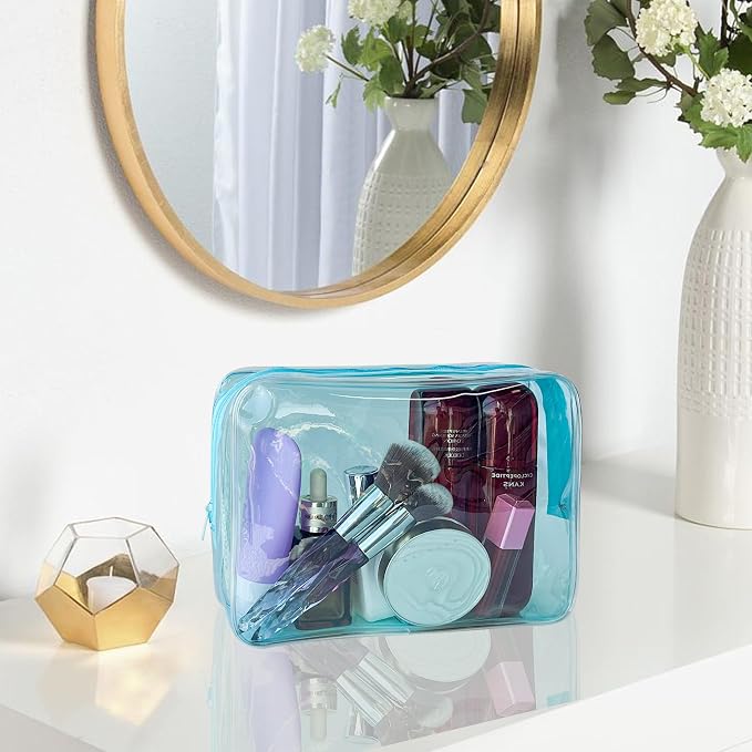 Waterproof PVC Makeup Bag - Leakproof Cosmetic Organizer for Travel Toiletry Storage 9.84×7.09×2.36 Inch for Women & Men (Sky Blue)