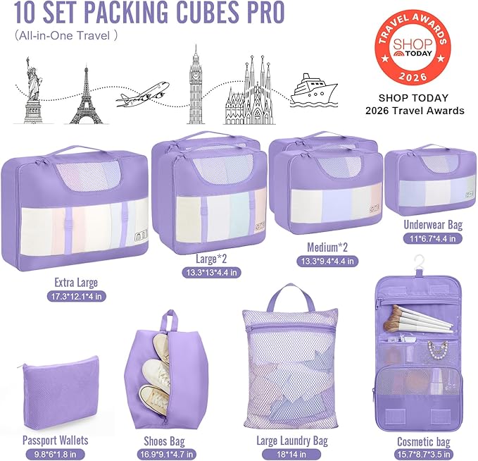 Veken 10 Set Packing Cubes for Travel Essential, Suitcase Organizer Bags in 4 Sizes, Carry-On Luggage Accessories with Large Laundry & Hanging Toiletry Bag, Must-Have for Airplane, Road Trip & Camping