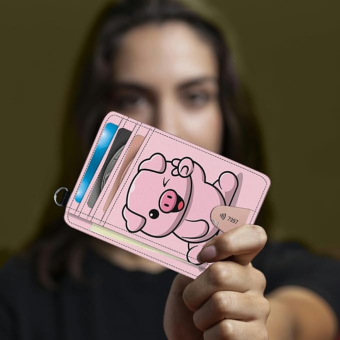 Small Travel Wallets, Pink Pig Slim Minimalist Front Pocket Wallet with Wristlet, RFID Blocking PU Leather Credit Card Holder with ID Window Change Purse for Men Women