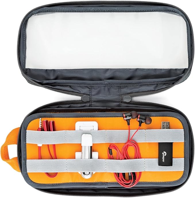 Lowepro GearUp Pouch Medium, Travel Essentials, Travel Case for PC Cords, Cables, Adapters, Batteries, Chargers, USB Sticks, Laptop Accessories, Made of Recycled Fabric, Grey