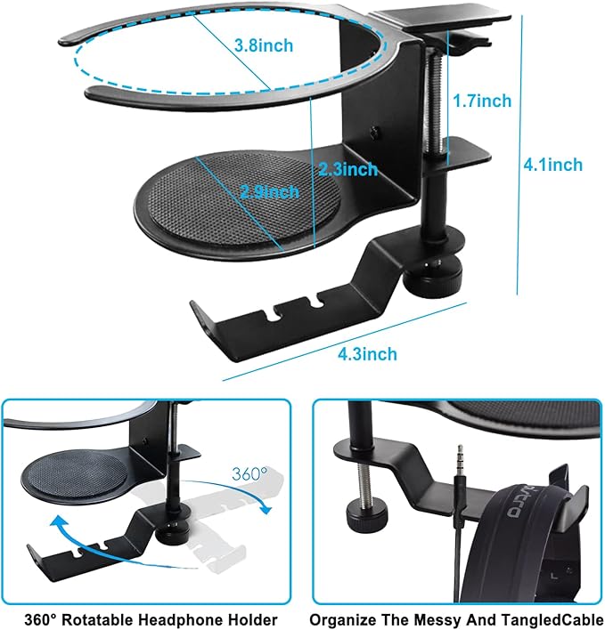 LBTING 2-in-1 Adjustable & 360 Rotating Office Gaming Accessories for Under Desk Headphone Stand, Hanging Headset, Holding Coffee Mug, Drinks, Water Bottle - Black