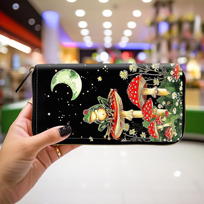 Wallet,Leather Long Wallet Suitable For Ladies And Teenagers - Detachable Wristband + RFID Travel Wallet With Card Slot - Aesthetic Mushroom Frog