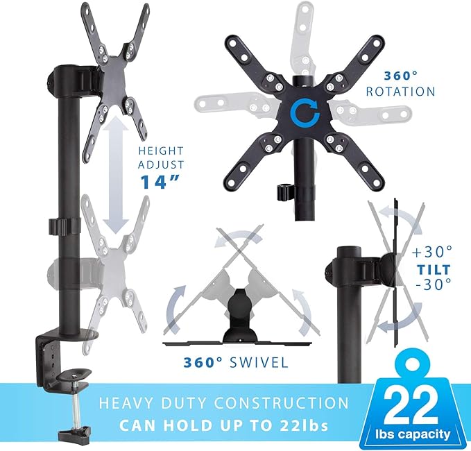 Mount-It! Ultra-Wide Single Monitor Arm Desk Mount, Height Adjustable Pole Stand for 13??2 Inch Screens up to 22 lbs, VESA 75x75 to 200x200, Clamp & Grommet