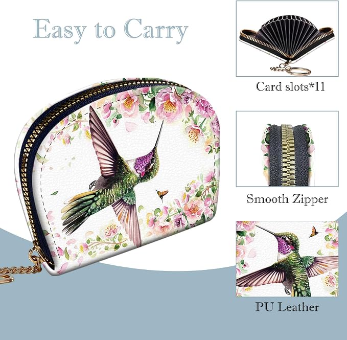 Women's Slim RFID Wallet – Compact Leather Card Holder Wallet for Women, 9 Card Slots RFID Blocking Credit Card Organizer, Small Travel Wallet - Hummingbird and Flowers