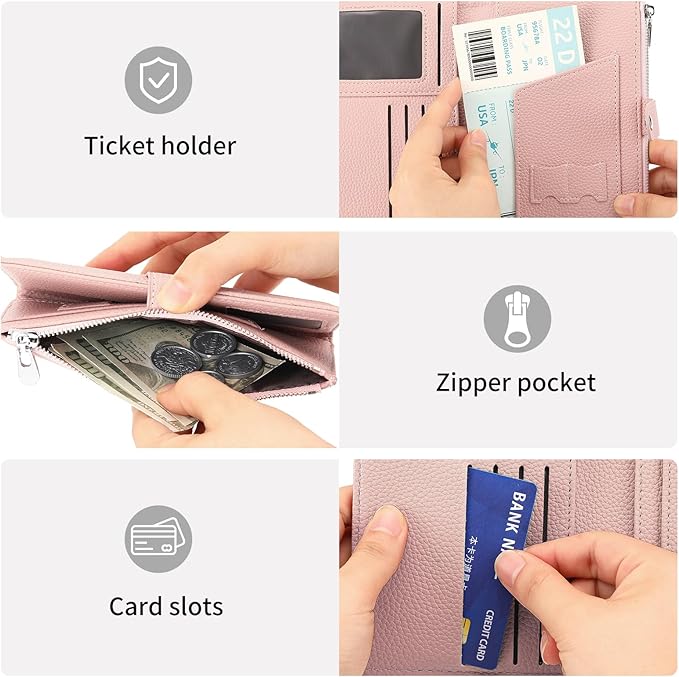 RNIEGA Passport Holder for Women Leather Passport Wallet for Travel RFID Blocking Passport Wallet Credit Card Holder with Zipper Pocket