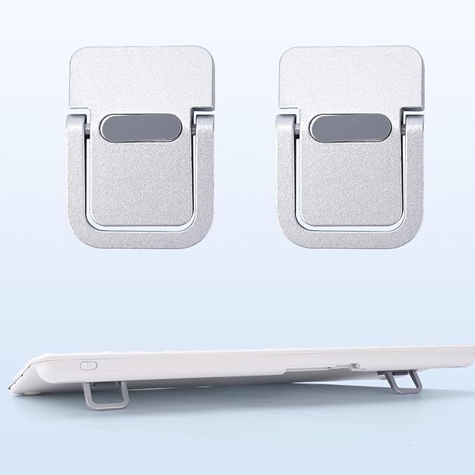 Penitue 2pcs Mini Keyboard Riser, Zinc Alloy Portable Small Laptop Tilt Stand Lifter Feet Foldable & Invisible Self-Adhesive Computer Notebook Holder Leg Lift Accessories for Desk Support (Silver)