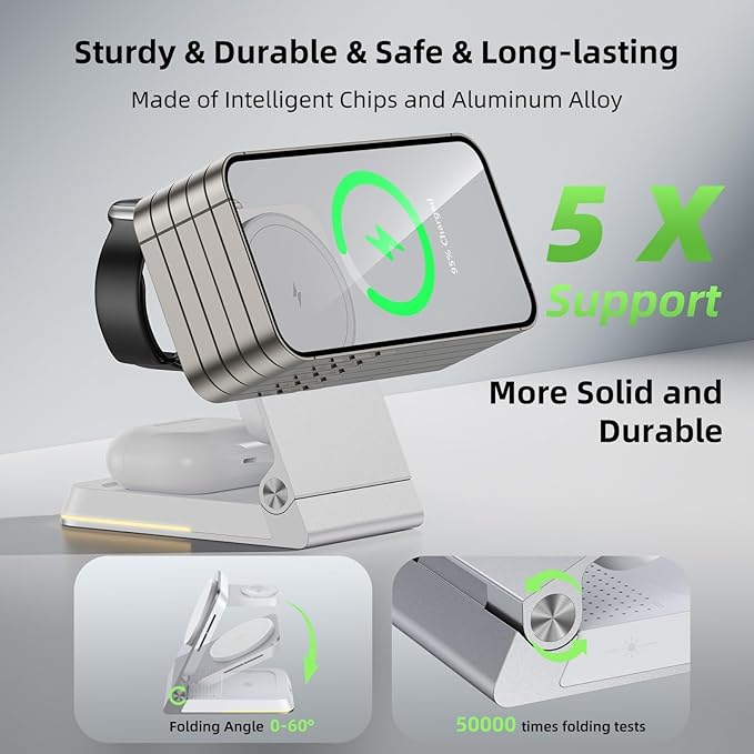 Foldable Wireless Charger 3 in 1 - Magnetic Wireless Charging Station for Apple Magsafe Charger Stand with Light,Aluminum Portable Travel Charger Dock for iPhone 17/16/15/14/13/12,Apple Watch,AirPods