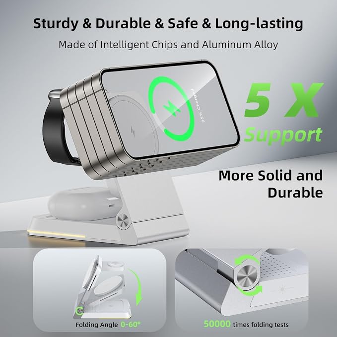 Aluminum 3 in 1 Wireless Charging Station,Foldable Wireless Charger for Apple Magsafe with Light,Portable Travel Magnetic Charger Stand for iPhone 17/16/15/14,Watch,Airpod,with PD 20W Adapter & Case