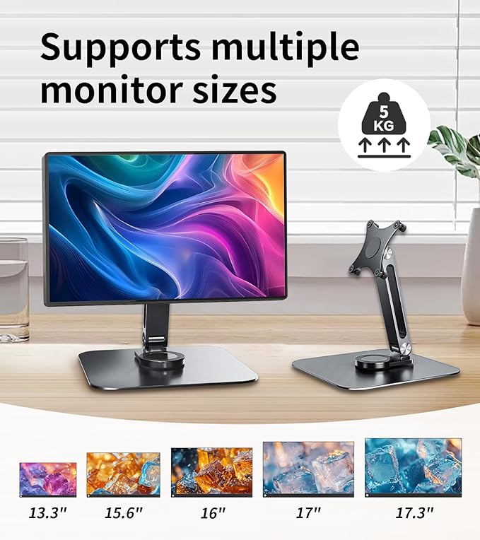 13-17.3" Monitor Stand with 360° Swivel Base, 75mm VESA Single-Arm Mount w/ M4 Screws for Portable Monitor, Adjustable Angle & Tilt & Rotation - Touchscreen Desktop Display Stand (Black)