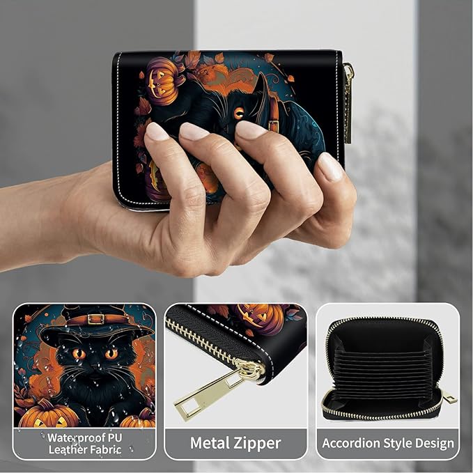 Cute Credit Card Holder with Zipper, Black Cat Halloween RFID-Blocking Card Case Small Wallet for Women Men, Multi-slot Card Organizer Case Travel Accordion Wallet