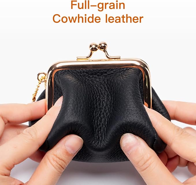 Genuine Leather Coin Purse for Women, Vintage Kiss Lock Small Leather Pouch, Mini Portable Wallet for Coins, Lipstick, Keys and Jewelry (Blue)