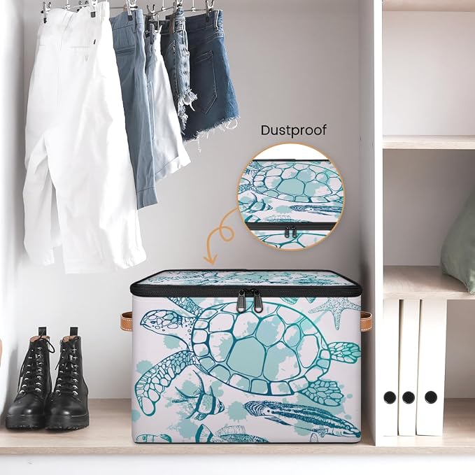 Sea Turtle Storage Basket for Bedroom Kitchen Bathroom Storage Bins with Lids Collapsible Toy Cube Storage Organizer for Kid Teen Women Men
