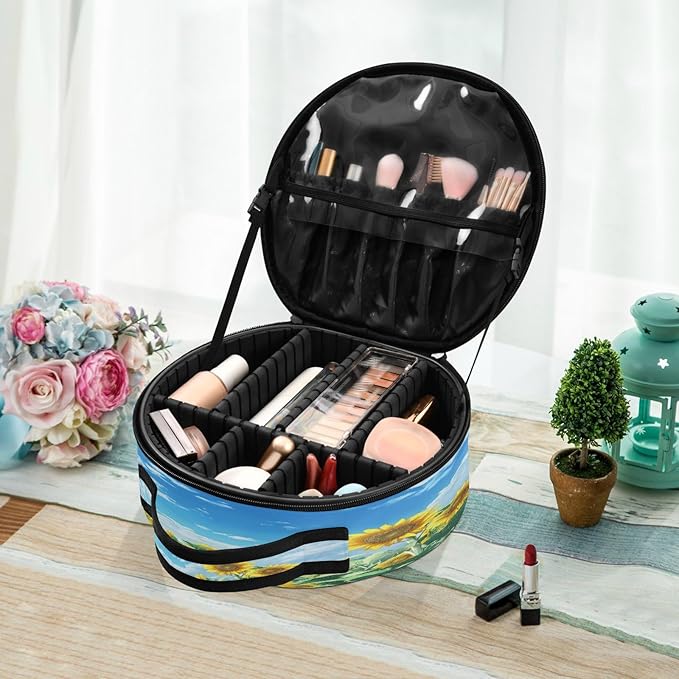 senya Round Cosmetic Pouch Travel Makeup Train Case Sunflower Makeup Organizer Bag with Adjustable Dividers Portable for Cosmetics Makeup Brushes Toiletry Jewelry Accessories