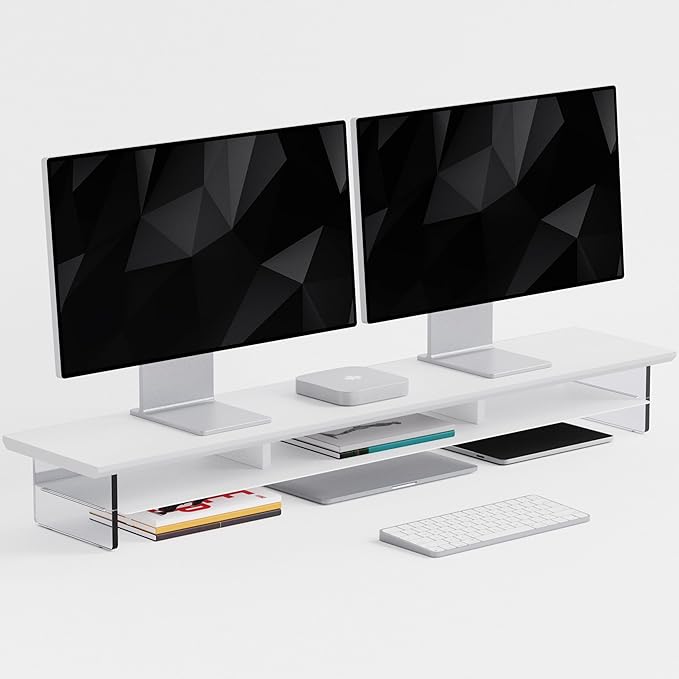 Dual‑Tier Monitor Stand for Modern Desk Setup – Minimalist Wooden and Metal Riser Shelf with Transparent Acrylic Feet for Dual Monitors, Laptops, Home Office Aesthetic，White