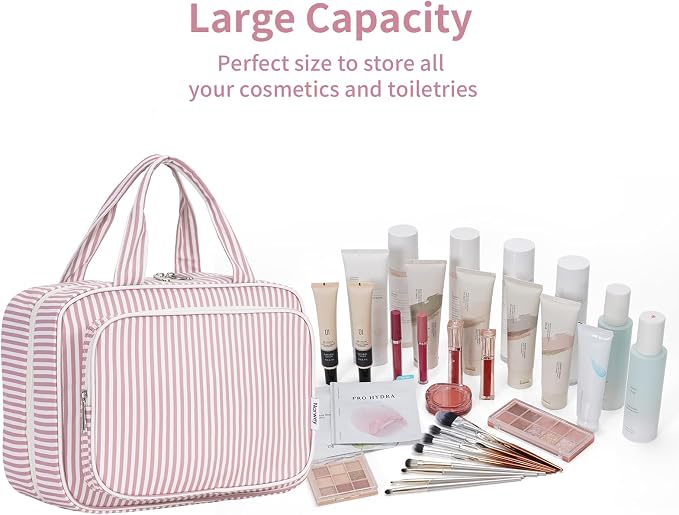 Narwey Striped Travel Toiletry Bag for Women Large Hanging Makeup Bag Organizer Toiletries Bag for Full Size Essentials Accessories Cosmetics (Dusty Pink Stripe (Large))