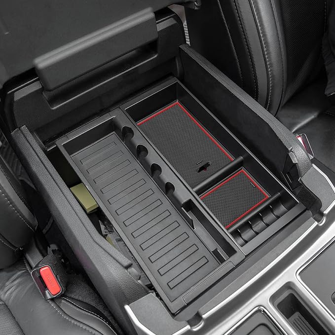 JDMCAR Compatible with Ford F150 Accessories (2015-2020) /F250 F350 F450 (2017-2022) / Expedition 2018-2022 Center Console Organizer, ABS Material Insert Tray Storage Box- (Bucket Seats ONLY)- Red