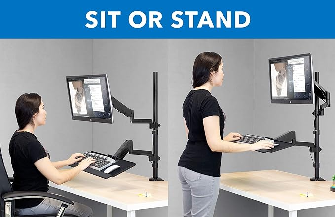 Mount-It! Sit-Stand Monitor Arm Desk Mount with Keyboard Tray, Single Monitor Fits Up to 32”, Height Adjustable Gas Spring, Full Motion Articulating Arm, Clamp or Grommet, Black