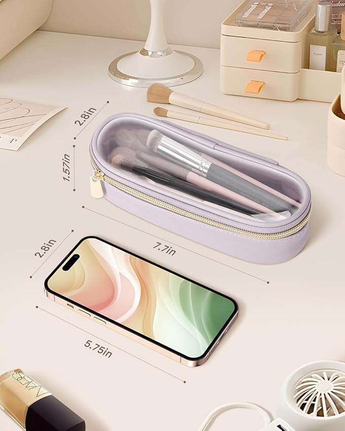 Soimeat Clear Travel Makeup Brush Holder, Leather Makeup Brush Toiletry Bag, Portable Cosmetic Brush Case, Transparent Waterproof Makeup Brush Storage Bag, Purple