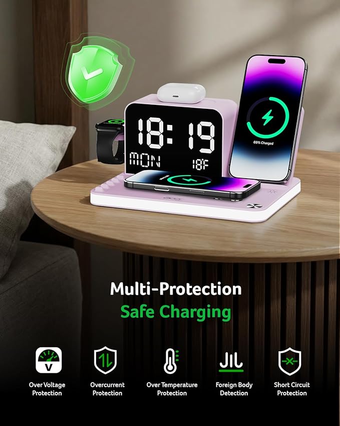 Acer 7-in-1 Wireless Charging Station with LED Clock - 30W Fast Wireless Charger for iPhone 16/15/14/13/12/Pro Max, Apple Watch, AirPods - Bluetooth Auto Time Sync & Night Lights (Purple)