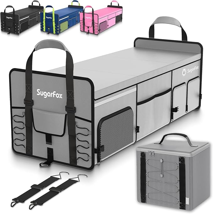 SugarFox Bold Color Block Trunk Organizer | 95L, 35"x13.8"x11.8" | Dedicated Shoe Storage & 26L Ice Pack | Foldable for SUV/Car/Jeep | Car Accessories for Men & Women - Gray-X212