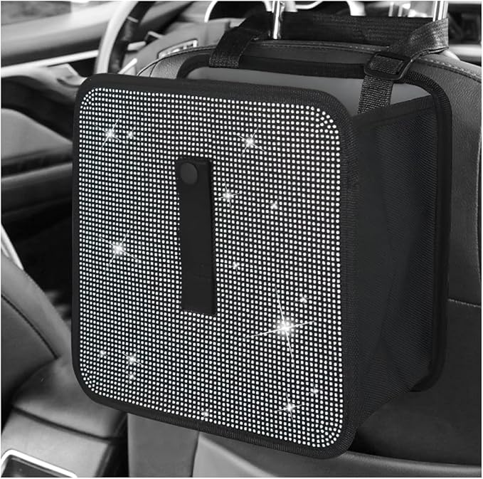 Car Foldable Trash Can, Bling Rhinestone Oxford Garbage Container Hanging Waterproof Organizer, Mini Crystal Dustbin Waste Basket Leakproof Trash Bin for Car Office Kitchen (White)