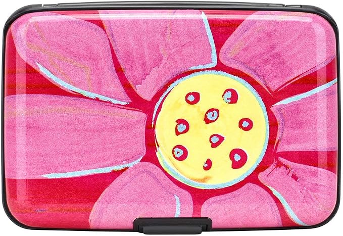 ELFISH RFID Blocking Credit Cards Holder Aluminum Wallet Metal ID Case for Men Women (Big pink flower)
