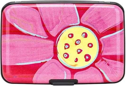 ELFISH RFID Blocking Credit Cards Holder Aluminum Wallet Metal ID Case for Men Women (Big pink flower)