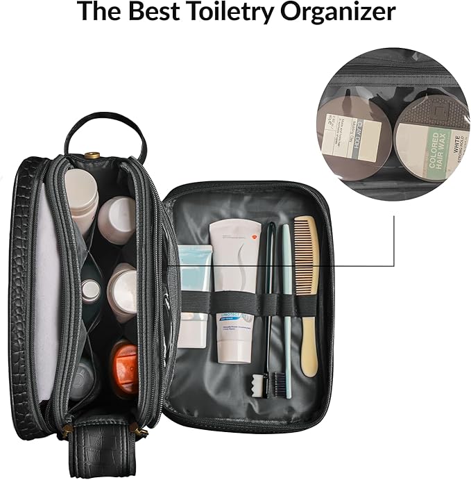 Dot&Dot Leather Toiletry Bag for Men Women - Spacious Womens Mens Toiletry Travel Toiletries Bags (Black Croc)