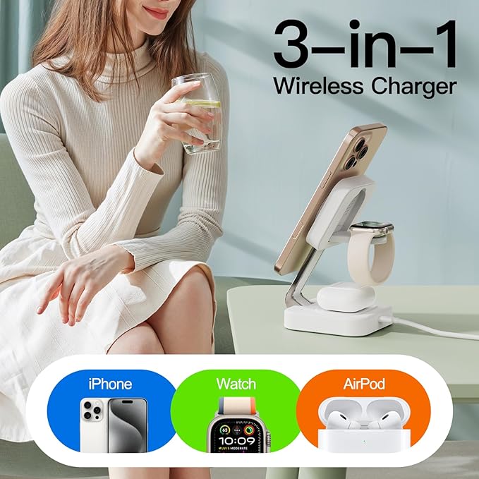 RYND 2026 Traveling Wireless Mag-Safe Fast Charging Station,Magnetic 3 in 1 Charger with iPhone 17 16 15 14 13 12 Pro Max Plus,Apple Watch Series & Air pods 4 3 2 Pro-Gifts for Wife & Husband(White)