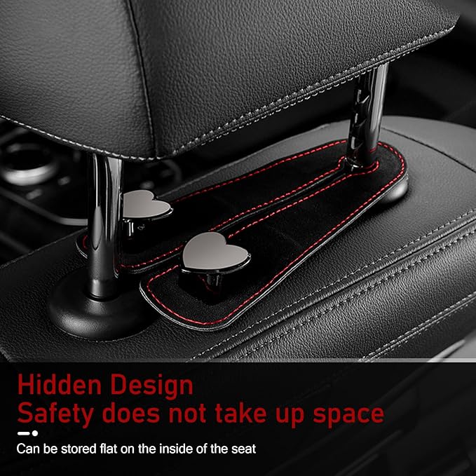 Car Seat Headrest Hook, 2 PCS Universal Black Heart-Shaped Metal + Soft Storage Hooks for Backpack, Grocery, Phone