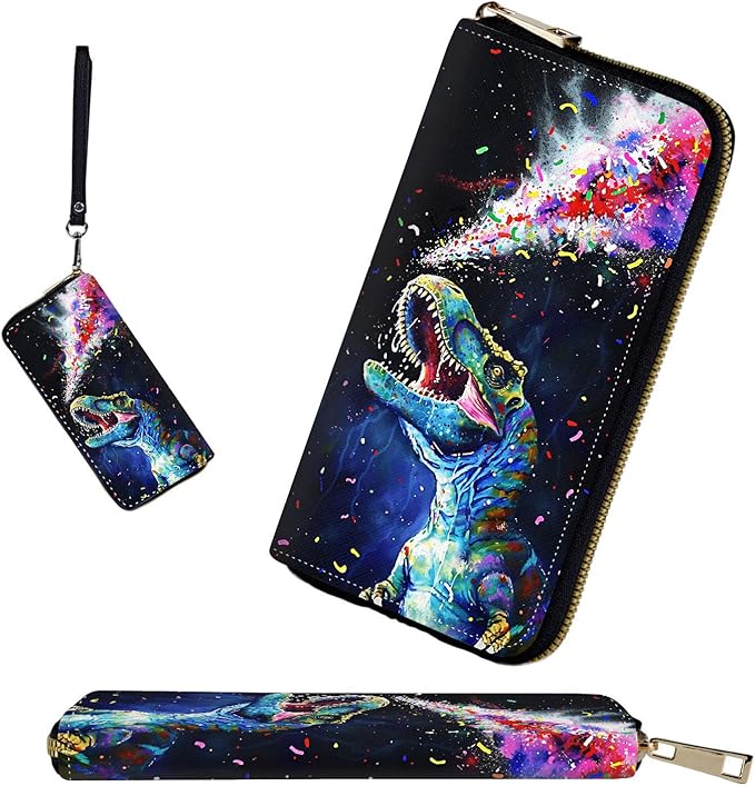 RFID-Blocking Zip Around Wallets for Women with Detachable Wrist Strap,Large Capacity Phone Holder with Card Organizer & Coin Pocket,Colorful Cool Dinosaur